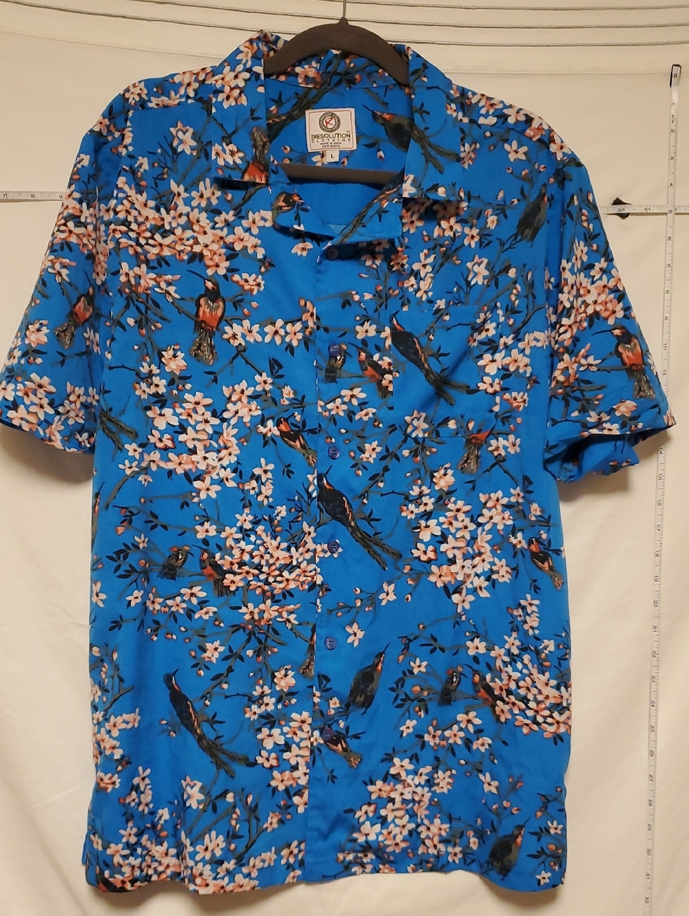 Resolution Cotton Bright Blue Floral & Bird Print Men's Short-Sleeve Shirt